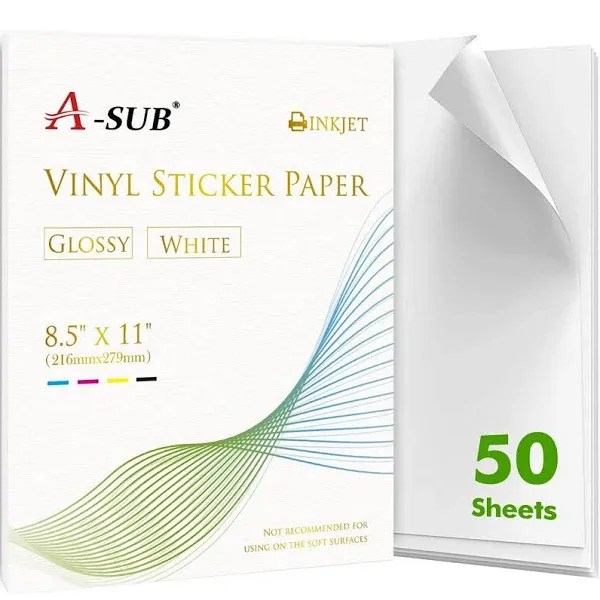 A-SUB 25 Sheets Vinyl Sticker Paper for Inkjet Printer - Glossy Printable Vinyl 8.5x11 Inch Waterproof Sticker Paper for DIY Any Decal You Like