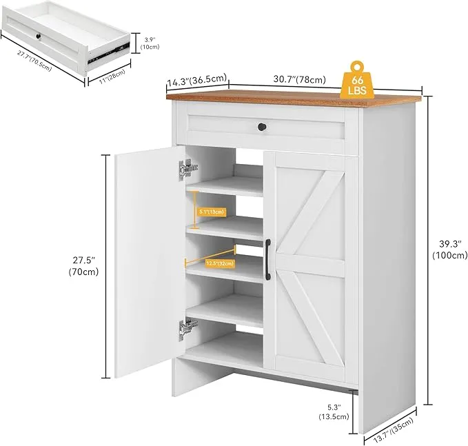 DWVO 6-Tier Shoe Storage Cabinets with Doors, Shoe Cabinet with Drawer & Adjustable Shelves for Entryway, Shoe Storage Organizer with Induction Strip for Hallway, Living Room (White)