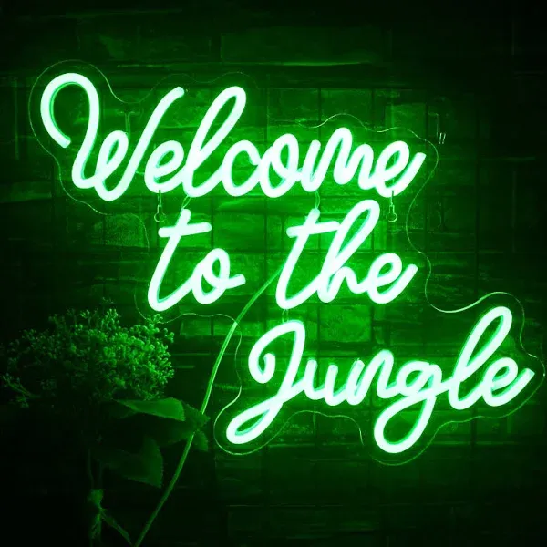 FAXFSIGN Welcome to The Jungle Neon Sign Green LED Word Neon Light Signs for Wall Decor USB Letter Light Up Sign for Bedroom Kids Room Garden Home