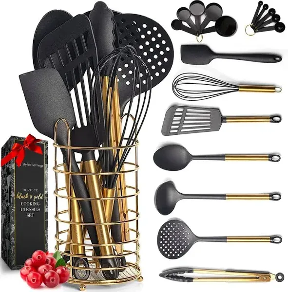 Black and Gold Kitchen Utensils with Stainless Steel Gold Utensil Holder -18 PC 