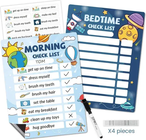 JJPRO Bedtime/Morning Routine Chart for Kids,Magnetic Routine Chart for Kids,Bedtime Chart for Kids, Morning Checklist Toddlers, Daily Schedule Board for Home-Outer Space