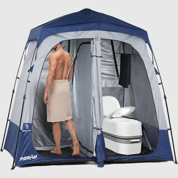 Camping Shower Tent Deluxe Changing Room Easy Set Up Privacy Shelter,Large Toilet Tent 2 Rooms with Floor Drain Design for Beach, Camping,Hiking with Stakes and Ropes for Stability