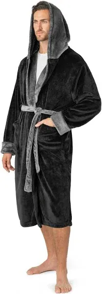 Mens Fleece Robe Hooded Bathrobe Shawl Collar Spa Robe with Hood Soft Microfiber