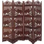 Benzara Hand Carved Elephant Design Foldable 4 Panel Wooden Room Divider, Brown