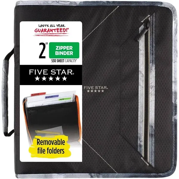 New Five Star 2 Inch Zipper Binder, 3 Ring Binder 6-Pocket Expanding File -Black