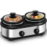 Double Slow Cooker, Buffet Servers and Warmers, Dual 2 Pot Slow Cooker Food Warmer, Adjustable Temp Dishwasher Safe Removable Ceramic Pot Glass Lid, 2 x 1.25 QT Portable Small Crock Cooker