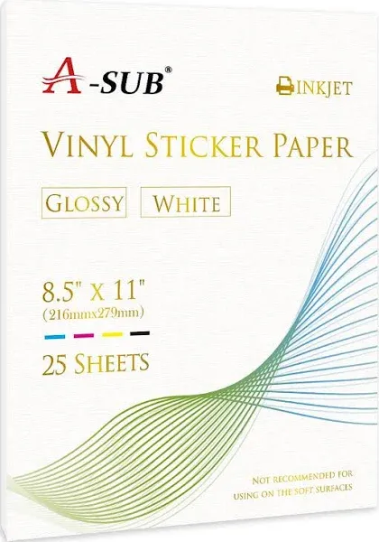 A-SUB Waterproof  Glossy Vinyl Sticker Paper for Inkjet Printer 25 Sheets