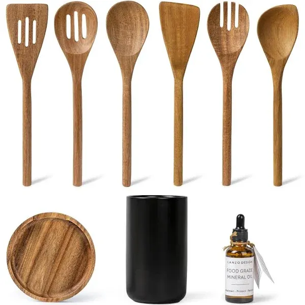 Wooden Cooking Utensil Set 8 pcs with Ceramic Holder White