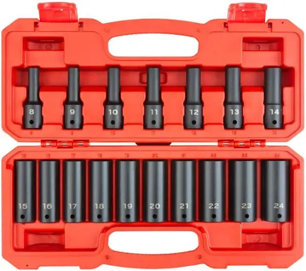 TEKTON 1/2 Inch Drive Deep 6-Point Impact Socket Set, 17-Piece (8-24 mm) | SID92329