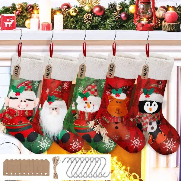 Mukum 5PCS 18” Christmas Stockings Personalized Christmas Stockings with 10 Name Tag Santa Snowman Reindeer Xmas Stocking with 8 Holders Hemp Rope