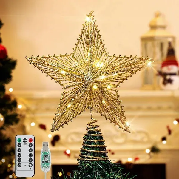 Star Tree Topper with 8 Lighting Modes Glitter Christmas Star Tree Top Light ...