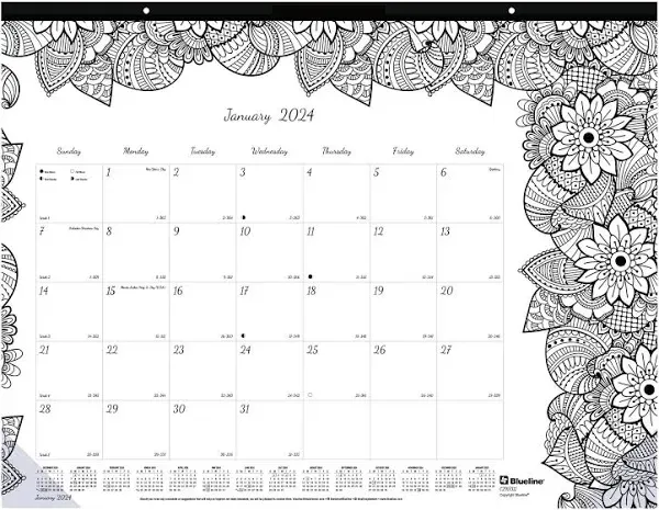 Blueline® Monthly Desk Pad Calendar, DoodlePlan Coloring Pages, 22 x 17, Black Binding, Clear Corners, 12-Month (Jan to Dec): 2025 (REDC2917311)