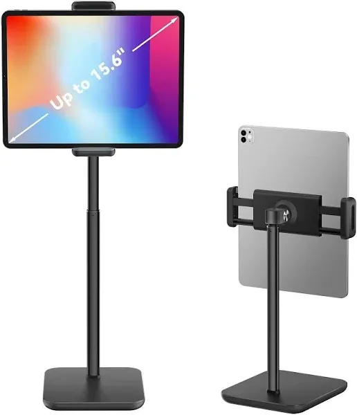 Adjustable iPad Stand with 21" Height Extension, 360° Swivel Tablet Holder for Desk, Surface Pro Stand, Portable Monitor Stand Compatibility with 4.7-15.6" Tablets and Smartphones, Display - Black