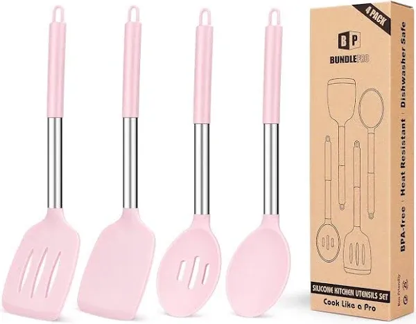 Pack of 4 Silicone Cooking Utensils Set, Non Stick Large Solid Spatulas, Heat Resistant Pink Slotted Spoons, Ideal BPA Free Kitchen Turners for Frying, Mixing,Serving,Draining,Turning,Stirring