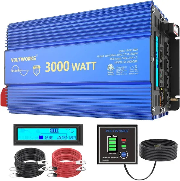 3000 Watt Pure Sine Wave Power Inverter 3000W 12V DC to 110V 120V AC with Remote Controller & LCD Display 4 AC Outlets Dual 2.4A USB Ports and 1 AC