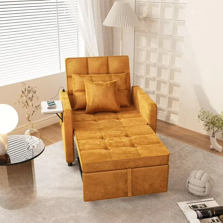 Vabches Sofa Bed Chair with Wing Table and USB Ports Outlet, 3-in-1 Sofa Chair Bed Couches with Two Pillows, Velvet Sleeper Chair with Adjustable Backrest, Easy Assembly, Yellow