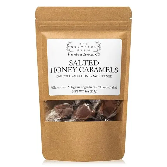 Bee Grateful Farm Salted Honey Caramels - 100% Honey Sweetened - All Natural Delicious Caramels - Organic Ingredients, No High Fructose Corn Syrup (Salted Honey - 1 bag)