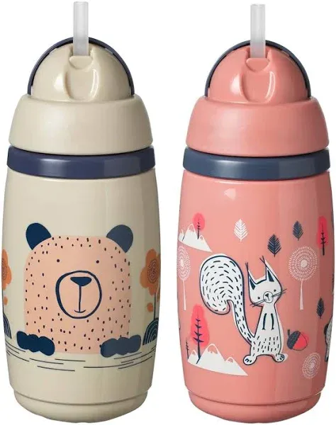 Tommee Tippee Insulated Straw Bottle, 9oz, Spill Proof Toddler Water Bottle For 12 Months+, Flip Lid Helps Keep Straw Clean, Pink and Grey, 2 Count