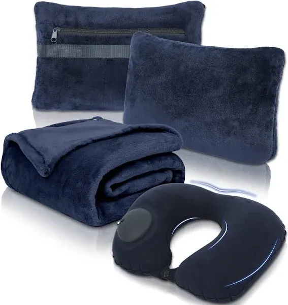 Travel Blanket and Pillow Set - Portable Inflatable 70&#034; x 40&#034;, Navy Blue 