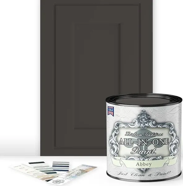 ALL-IN-ONE Paint, Abbey (Warm Gray), 8 Fl Oz Sample. Plus our top 30 color selector card. Durable cabinet and furniture paint. Built in primer and top coat, no sanding needed.