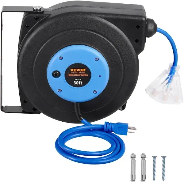 VEVOR Retractable Extension Cord Reel, 30 FT, Heavy Duty 16AWG/3C SJTOW Power Cord, with Lighted Triple Tap Outlet 10 Amp Circuit Breaker, for Ceiling or Wall Mount Garage and Shop, ETL Listed