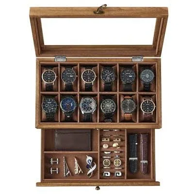  12 Slot Watch Box Case Lockable with Glass Lid, 2 Layers Watch Holder 