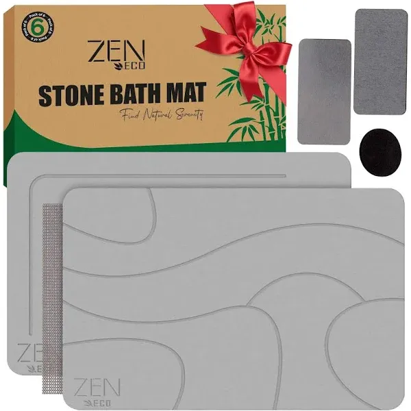 Zen-eco Bathroom Stone Mat Quick Dry (6-Piece) Quick Dry Stone Bath Mat with 1x Soft Diatomaceous Earth Bath Mat & 2x Stone Dish Non-Slip Stone Show