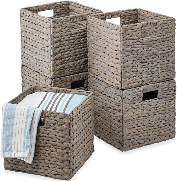 Vagusicc Wicker Storage Basket, Set of 2 Hand-Woven Storage Baskets for Shelves with Handles, Foldable Cube Storage Bins Organizer, Blue 13x13 Inch Large Wicker Baskets for Pantry Bedroom Decor, Blue