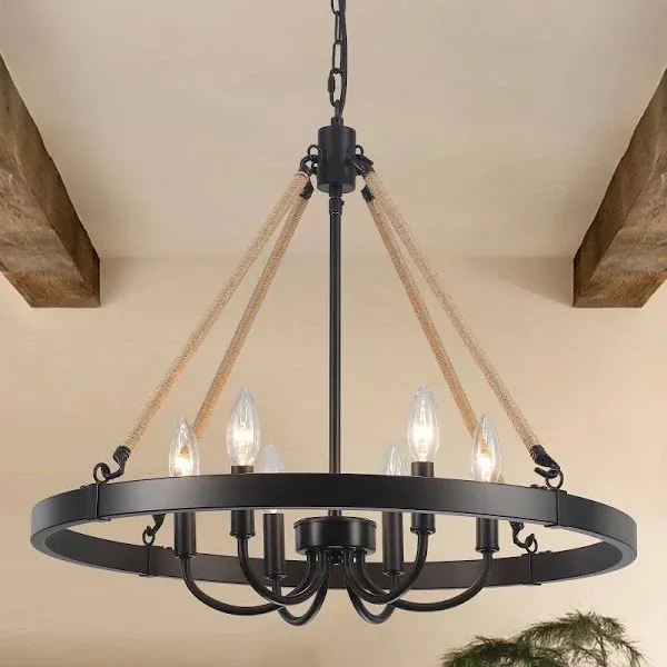 6 Light Wagon Wheel Chandelier, Rustic Farmhouse Chandelier, Black Chandeliers for Dining Room Light Fixture, Round Chandelier Hanging Light for Entryway Kitchen Island Living Room Foyer