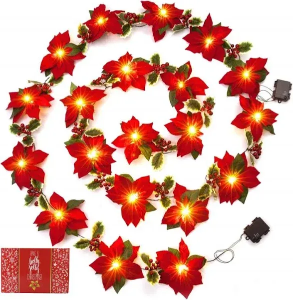 2PK 6FT Christmas Pre Lit Decoration Garland Poinsettia Garland with Red Berries & Holly Leaves, Christmas Garland,Artificial Poinsettia Garland(Red)