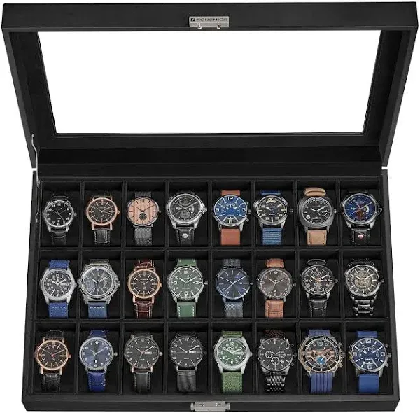 SONGMICS Watch Box, 24-Slot Watch Case, Lockable Watch Storage Box with Glass Lid, Gift Idea, Ink Black Synthetic Leather, Ink Black Lining UJWB024B02