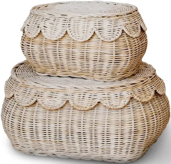 Hand Woven Rattan Basket Set - 15x10x6 Inch - Small Scalloped Baskets - Round Wicker Basket - Wicker Storage Basket - Rattan Basket With Lid (Natural)