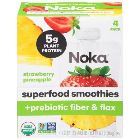 Noka Superfood Fruit Smoothie Pouches Variety Pack, Healthy Snacks with Flax Seed, Plant Protein and Prebiotic Fiber