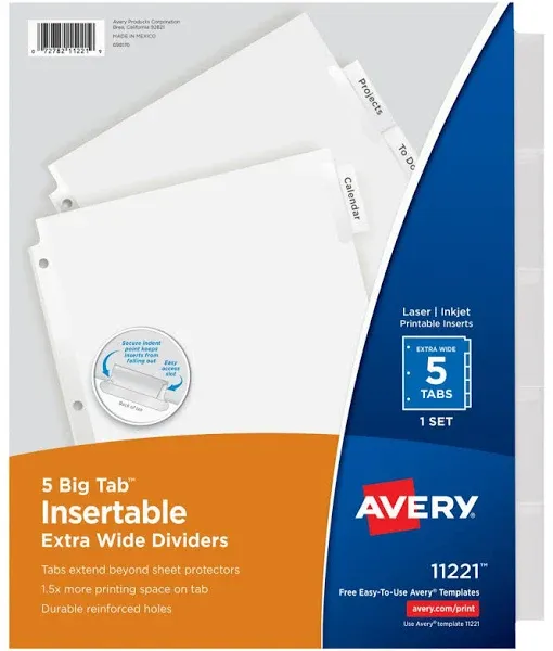 Avery&#174; Insertable Big Tab Dividers, 5-Tab, Single-Sided Copper Edge Reinforcing, 11.13 x 9.25, White, Assorted Tabs, 1 Set ;