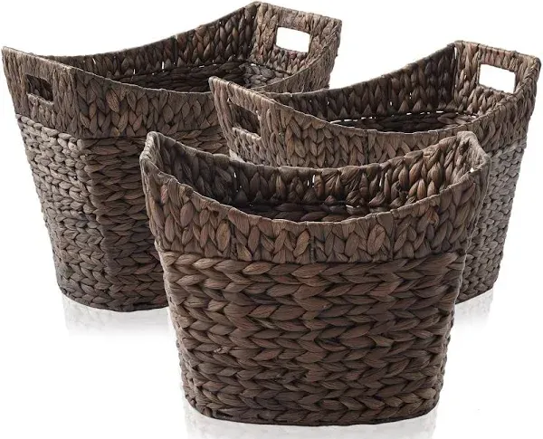 Casafield Set of 3 Stackable Oval Laundry Baskets with Handles - Espresso, Woven Water Hyacinth Storage Totes for Throw Blankets, Bathroom, Bedroom, Living Room