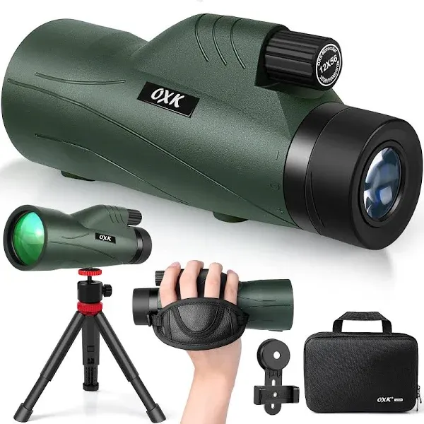 12x56 High Power Monocular Telescope with Smartphone Adapter Tripod Bag, Lightweight Monoculars for Adults with BAK4 Prism & FMC Lens, Suitable for Bird Watching Camping - Army Green