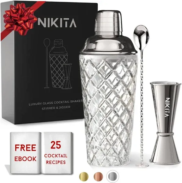 Nikita By Niki Gold Cocktail Shaker Set Glass Cocktail Shaker Set Matching Measuring Jigger and Bar Spoon with Muddler