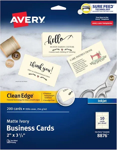 Avery True Print Clean Edge Business Cards Inkjet 2 x 3 1/2 Ivory 200/Pack