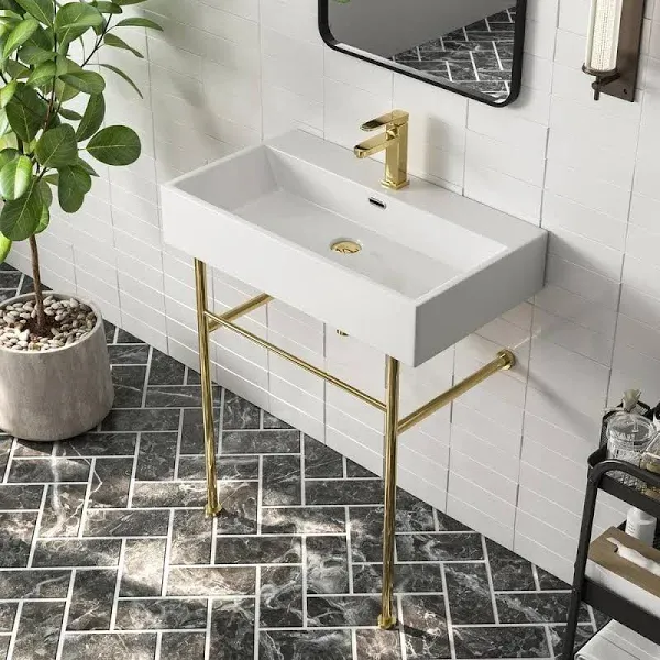 DeerValley 30&#034; Rectangular Console Bathroom Sink with Overflow Sliver Black Gold