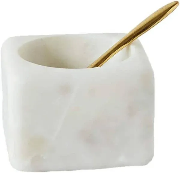 Square White Marble Brass Spoon (Set of 2 Pieces) Bowl, 24 ounces