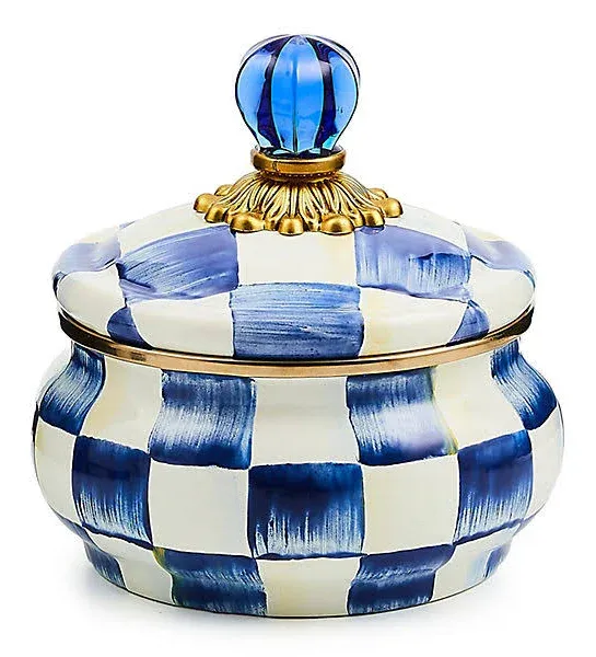 MACKENZIE-CHILDS Enamel Squashed Pot, Cute Enameled Container with Lid, 20 Ounces, Blue-and-White Royal Check