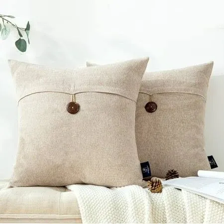 Phantoscope Pack of 2 Farmhouse Throw Pillow Covers Button Vintage Linen Decorative Pillow Cases for Couch Bed and Chair Beige 18 x 18 inches 45 x 45 cm