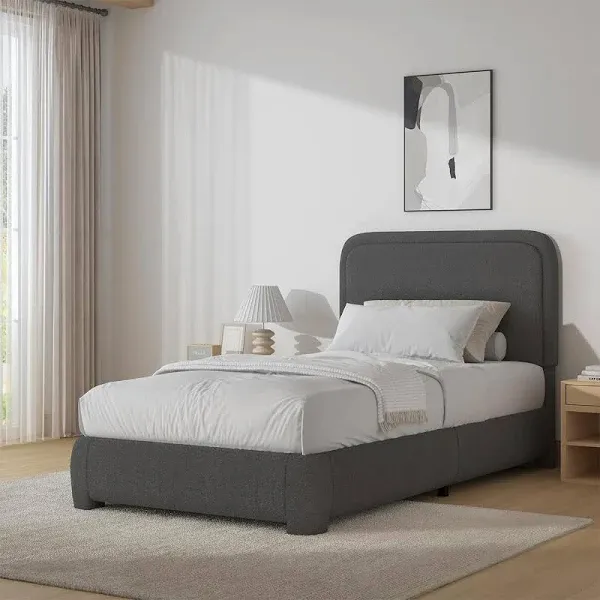 Twin Size Bed Frame, Boucle Upholstered Platform Bed Frame with Headboard, Modern Style, Soft Rounded Corners, No Box Spring Required, Easy Assembly, Dark Grey