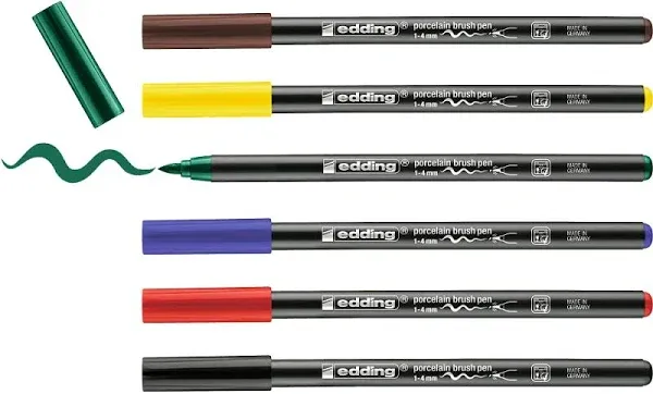 Edding 4200 Porcelain Brush Pen - 6 Pens - Brush Tip 1-4 mm - Felt-Tip Pen for P