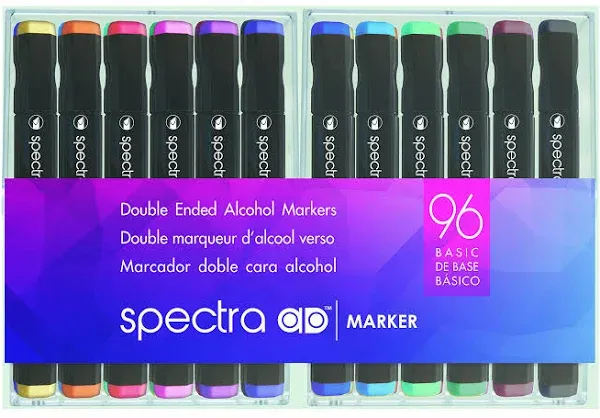 AD Marker Chartpak Spectra, Tri-Nib and Brush Dual-Tip, 96 Assorted Basic Color Set in Hard Plastic Cubes, 1 Each (SBASIC96AD)