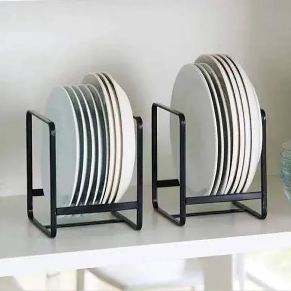 4PCS Plate Holders Organizer, Metal Dish Storage Dying Display Rack for Cabinet, Counter and Cupboard - Black， 2 Small and 2 Large