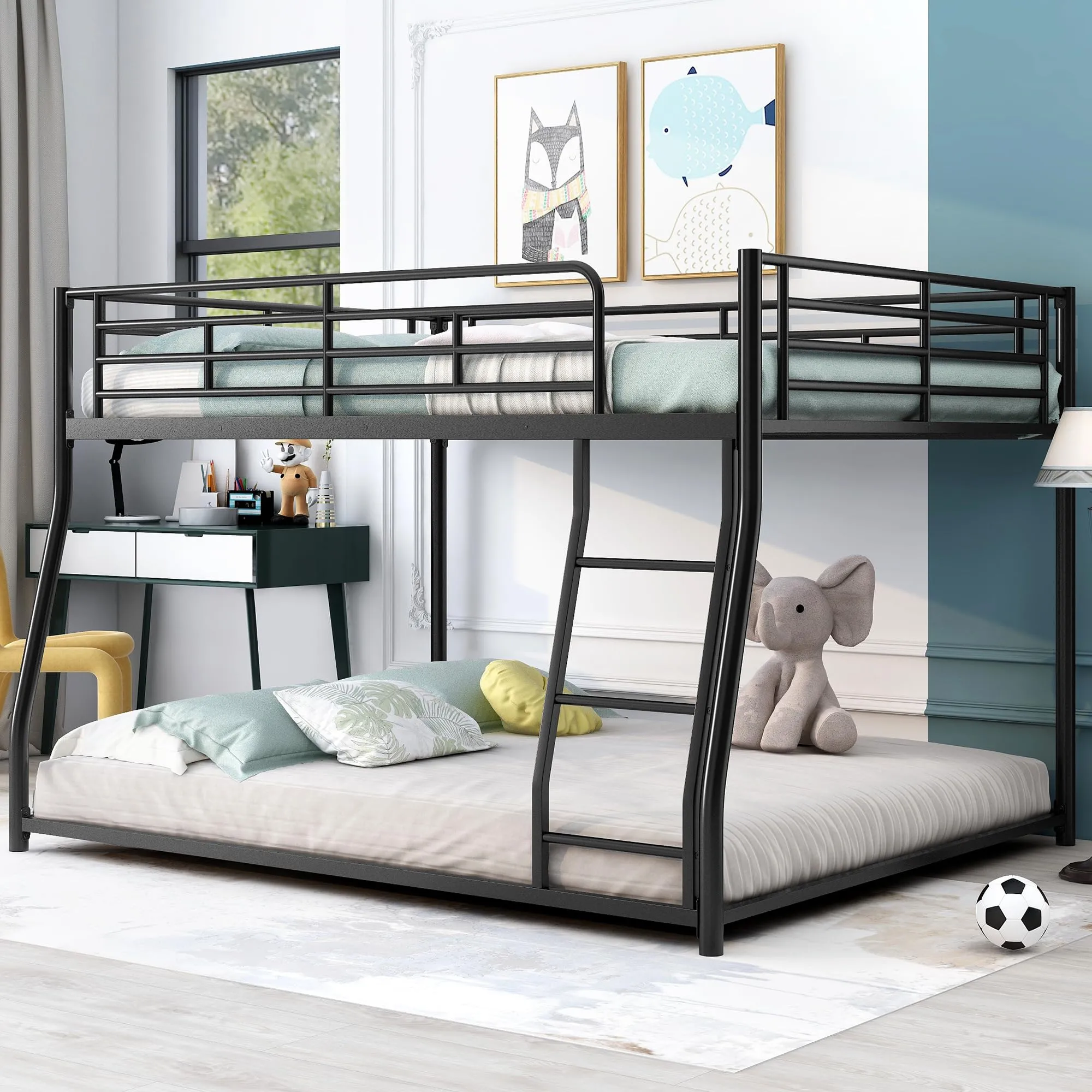 Full XL Over Queen Bunk Bed with Ladder and Guardrail