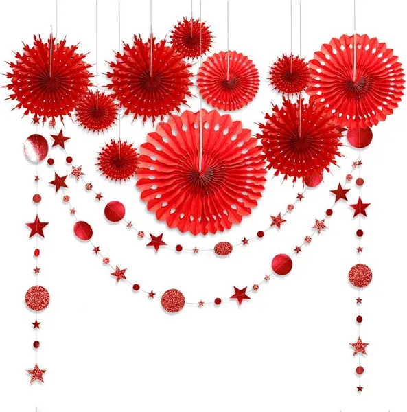 Decor365 Red Party Decorations Chinese New Year Tissue Pompom Paper Fan Hanging Decor Birthday Party Garland Glitter Circle Dots Garland Steamer Banner Backdrop for Girls Wedding Valentines Day