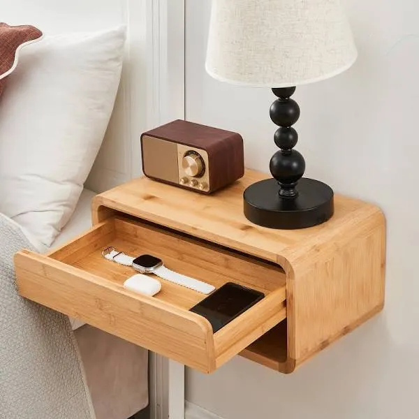 Bamboo Floating Nightstand with Drawer and Open Shelf