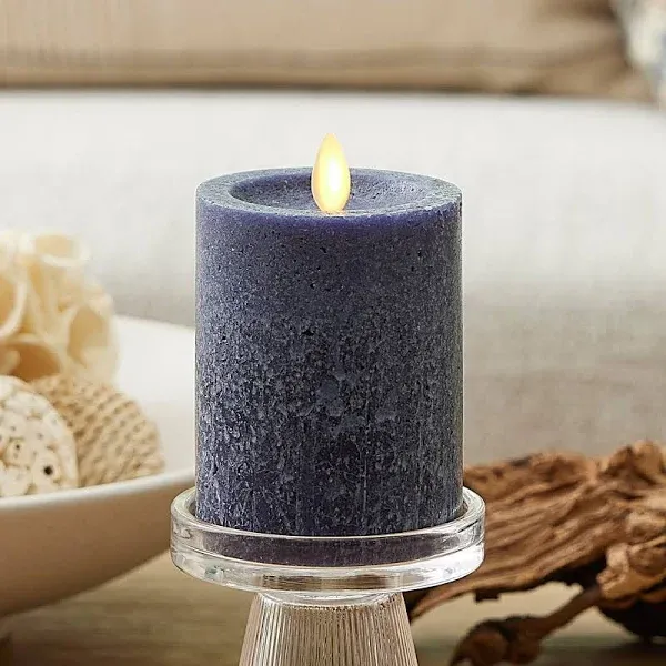 Luminara Midnight Blue Seaglass Flameless Candle Moving Flame Pillar, Unscented Real Wax with Recessed Edge, Timer, Battery Operated LED Candle Lights (3" x 6.5")